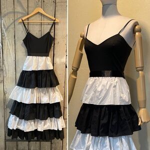 1980s Black white ruffle Halloween dress with tiered fiesta skirt lace up back